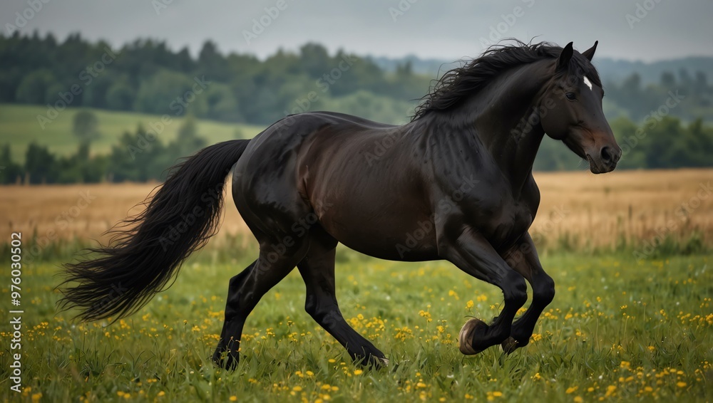 Beautiful Friesian horse in a field. Beautiful Friesian horse in a field.