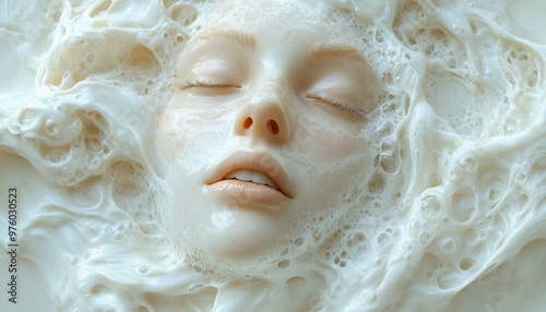 A serene face submerged in creamy foam, evoking calmness.