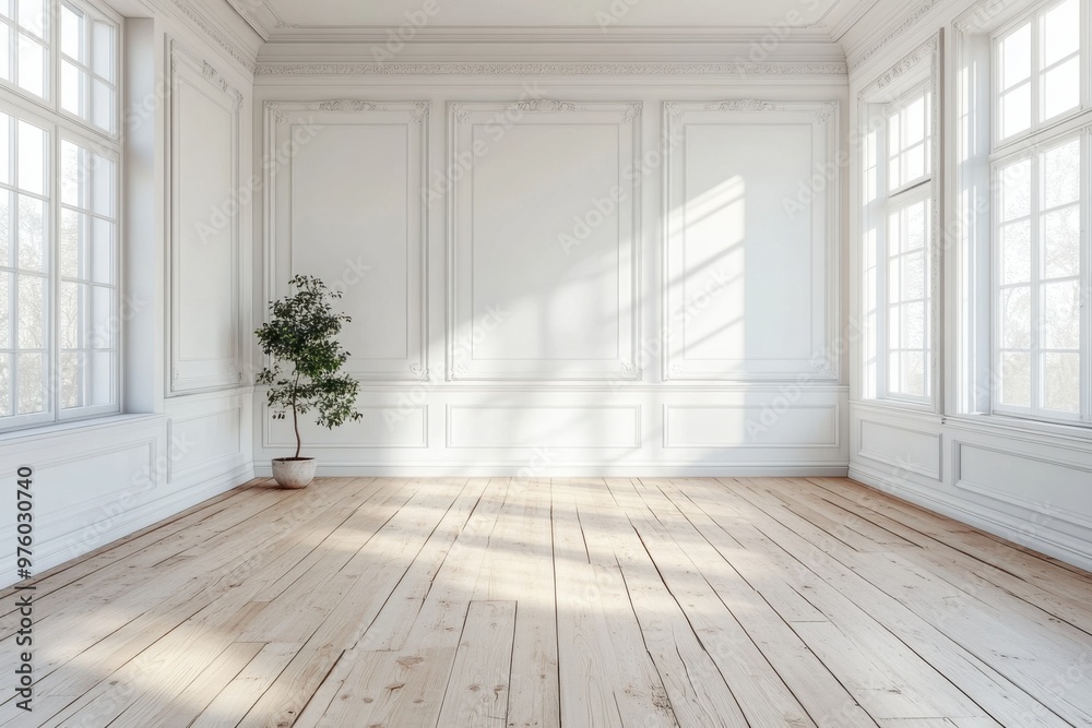 Minimal empty white room with wooden floor and large white wall background. Minimal empty white room with wooden floor and large white wall background.