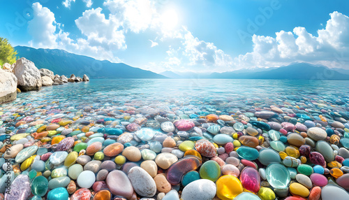 The sea is full of colorful pebbles, and the pebble beach on both sides is covered with many colored glass stones