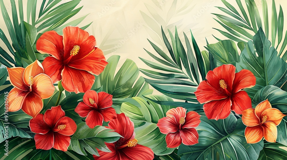 Tropical seamless pattern with palm leaves, banana flower and orchids. Wallpaper drawn in watercolor and pencil Tropical seamless pattern with palm leaves, banana flower and orchids. Wallpaper drawn in watercolor and pencil