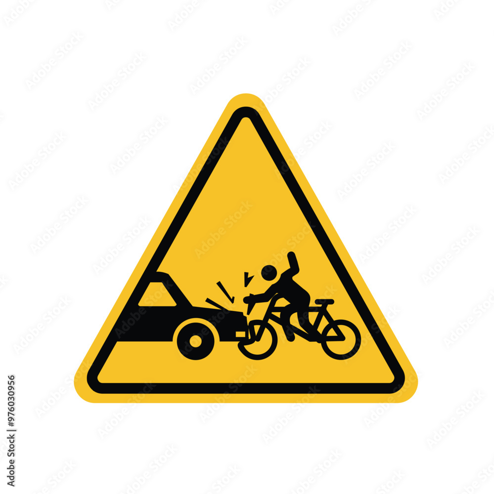 Warning sign of car accident hitting bicycle on yellow triangle board. Suitable for poster and web icon Warning sign of car accident hitting bicycle on yellow triangle board. Suitable for poster and web icon