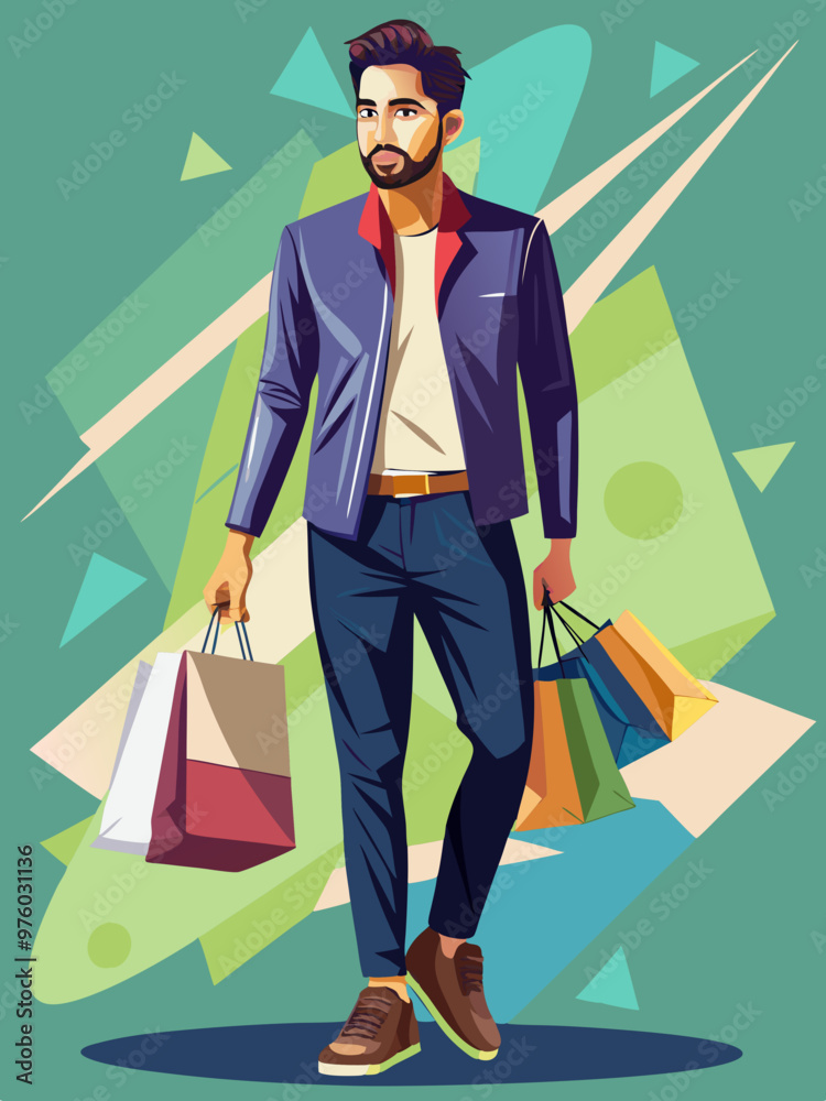 Stylish Indian Male Model Holding Shopping Bags - Vector Illustration Stylish Indian Male Model Holding Shopping Bags - Vector Illustration