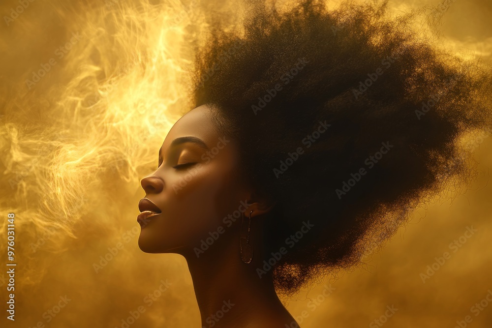 Woman with voluminous hair glowing in golden light symbolizing natural beauty strength and the energy of individuality in a warm conceptual setting Woman with voluminous hair glowing in golden light symbolizing natural beauty strength and the energy of individuality in a warm conceptual setting
