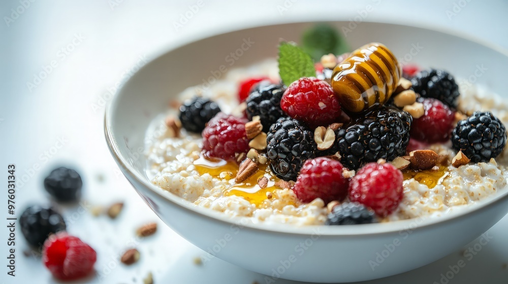 Delicious Oatmeal Breakfast with Berries, Honey, and Nuts Delicious Oatmeal Breakfast with Berries, Honey, and Nuts