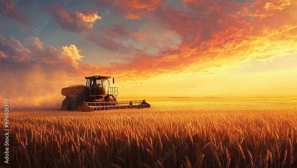 Fototapeta premium Combine harvester working at sunset in a vast wheat field under a colorful sky