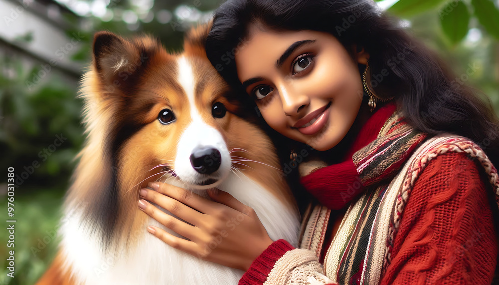 A woman sitting with her adorable black and furry border collie puppy A woman sitting with her adorable black and furry border collie puppy