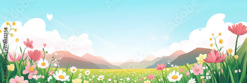 Banner of Cute cartoon vector illustration ,flat cartoon of :  flowers field Panoramic kids meadow with wildflowers of mountains, bright blue sky and clouds. Cheerful nature landscape with copy space.