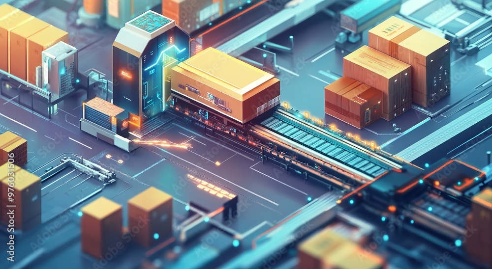 Digital illustration of an advanced technology hub with smart packaging and microchips Digital illustration of an advanced technology hub with smart packaging and microchips