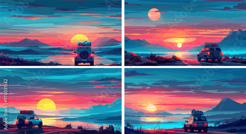 Summer road travel cartoon vector scenes. Automobile suv all terrain roof cargo lake bayway highway water lagoon pond offroad twilight ambience vacation journey transport vehicle concepts