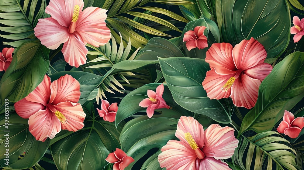 Tropical seamless pattern with palm leaves, banana flower and orchids. Wallpaper drawn in watercolor and pencil Tropical seamless pattern with palm leaves, banana flower and orchids. Wallpaper drawn in watercolor and pencil