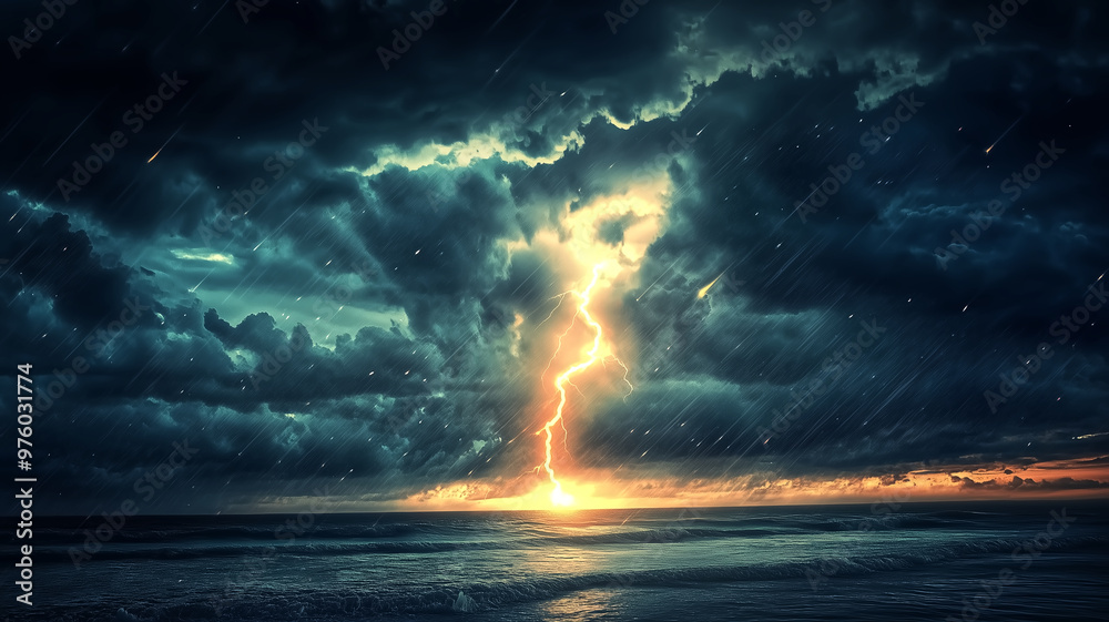 Obraz premium A stormy sky illuminated by a sudden lightning strike, casting h