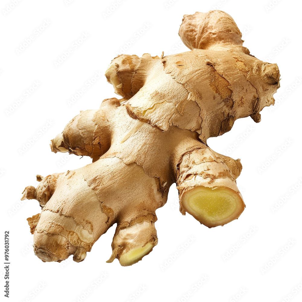 Fresh organic ginger root on a transparent background showcasing its distinctive shape and texture Fresh organic ginger root on a transparent background showcasing its distinctive shape and texture