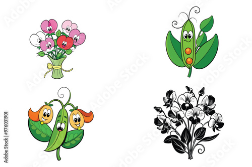 A vector illustration of cute smiling flowers