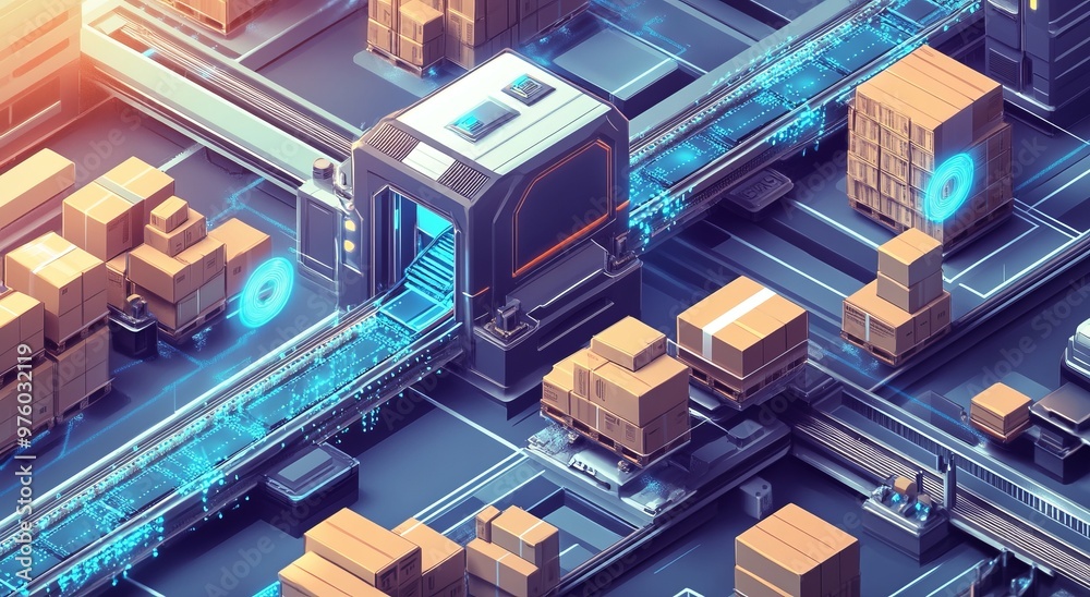 Digital illustration of an advanced technology hub with smart packaging and microchips