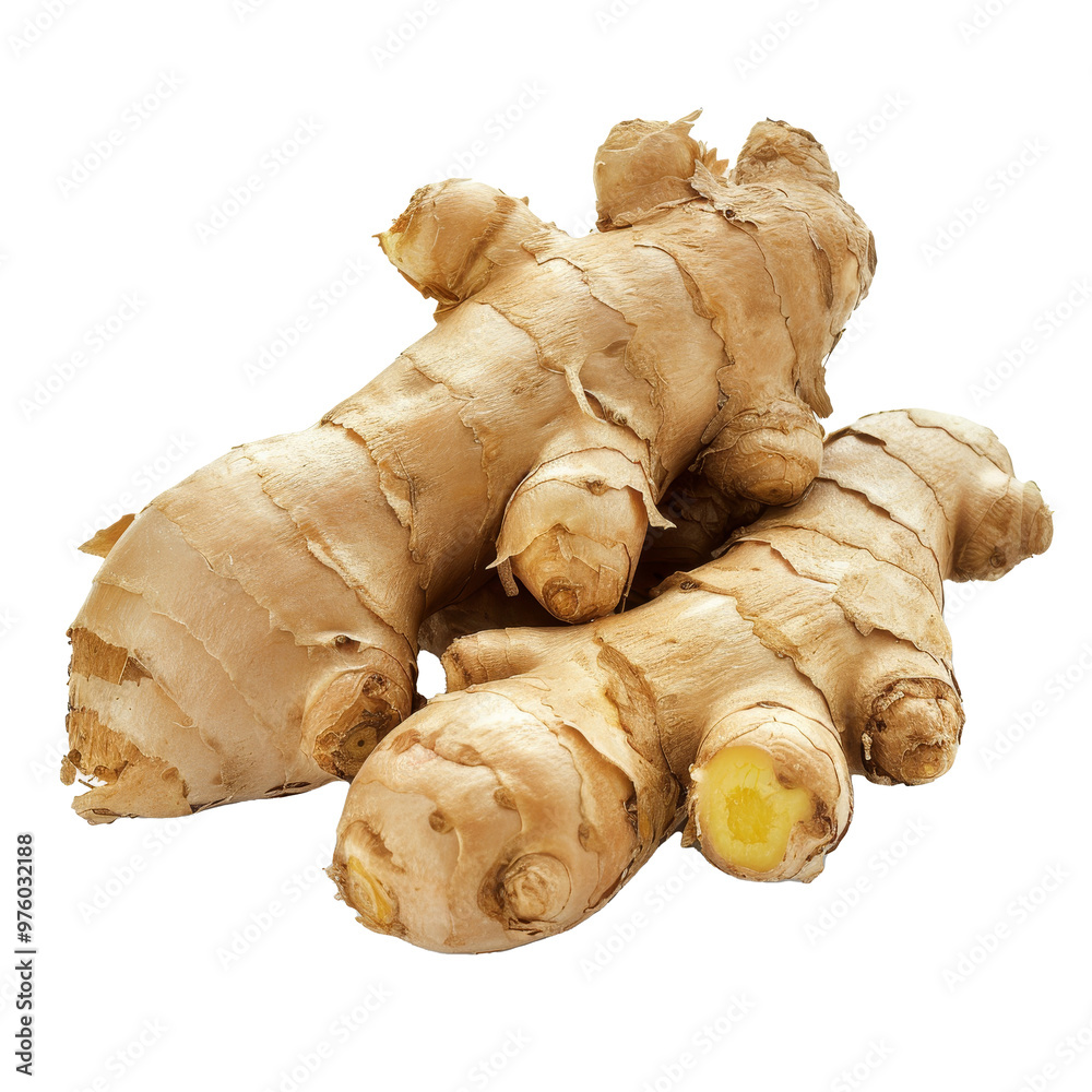 Fresh ginger roots displayed on a white surface, showcasing their textured skin and unique shape in natural lighting Fresh ginger roots displayed on a white surface, showcasing their textured skin and unique shape in natural lighting