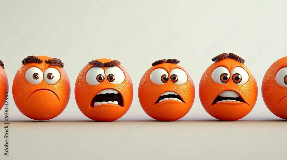 Five 3D orange emojis with different angry expressions, including frowning, screaming, and wide eyes. Five 3D orange emojis with different angry expressions, including frowning, screaming, and wide eyes.