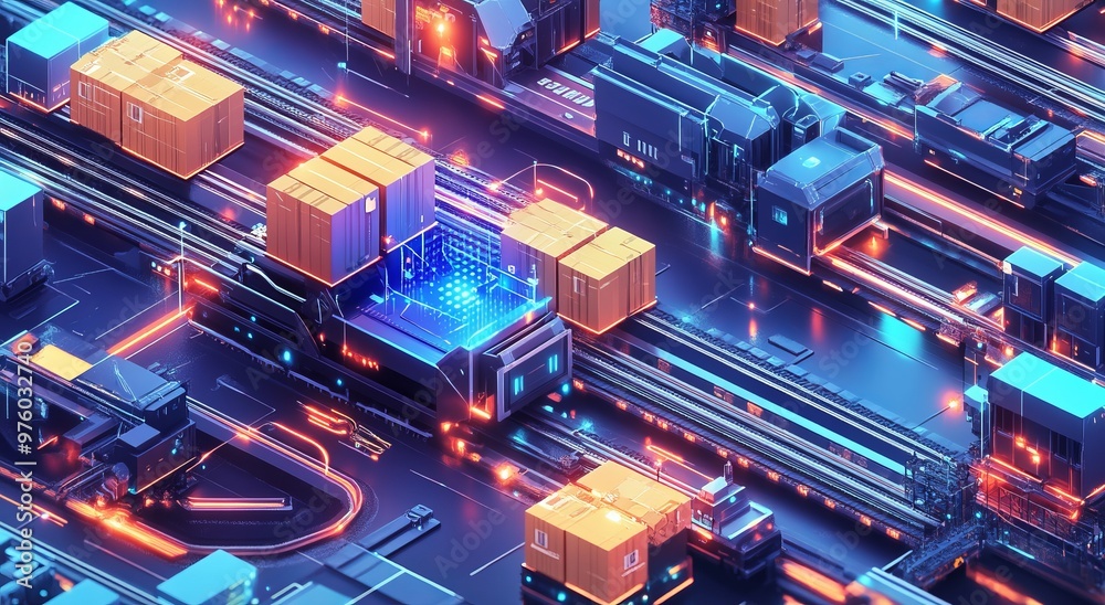 Digital illustration of an advanced technology hub with smart packaging and microchips Digital illustration of an advanced technology hub with smart packaging and microchips