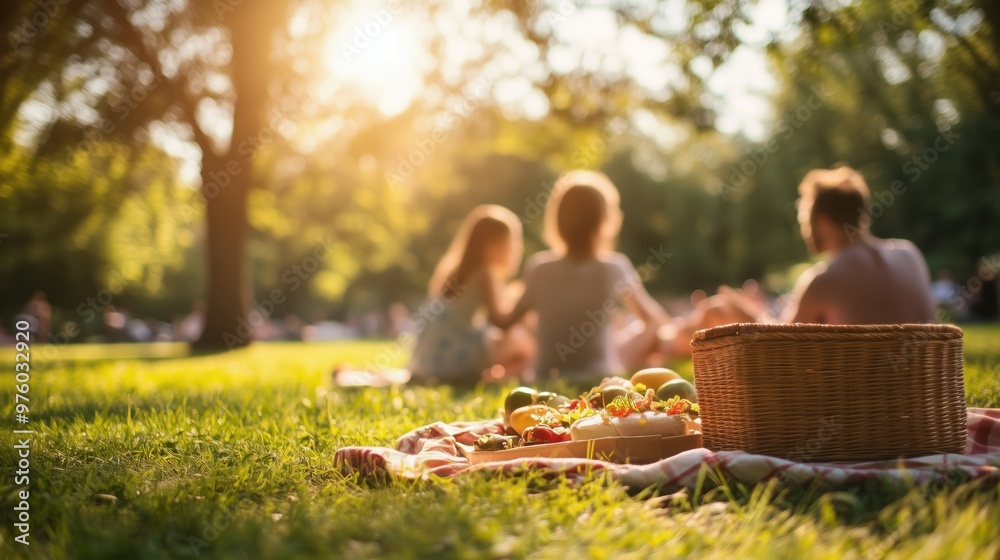 Family enjoying a sunny picnic in the park with a basket and food Family enjoying a sunny picnic in the park with a basket and food