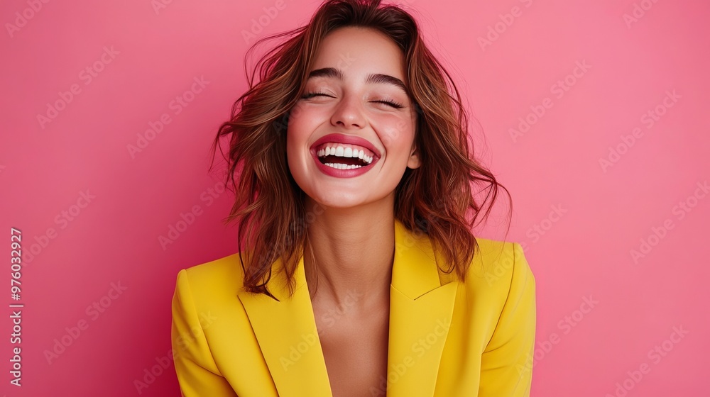 Close-up portrait of beautiful smiling woman in yellow blazer against pink background. Close-up portrait of beautiful smiling woman in yellow blazer against pink background.
