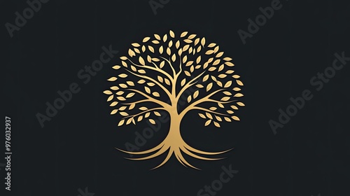 Golden tree with leaves and roots on a dark background.