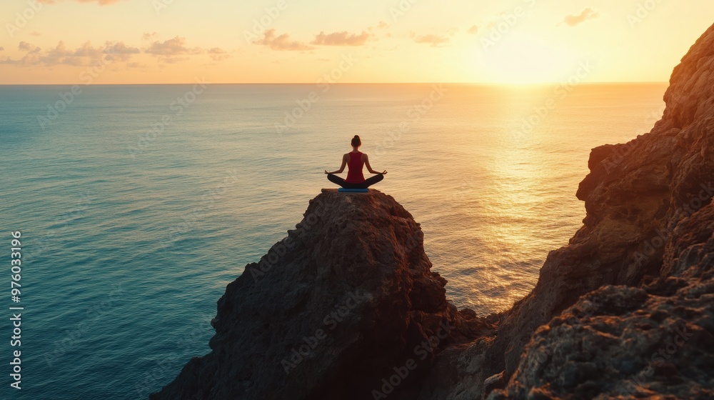 Serene yoga meditation on cliff at sunset with ocean view Serene yoga meditation on cliff at sunset with ocean view