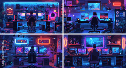 Teenager gaming cartoon vector scenes. Boy armchair headphones displays pc monitors gamepad keyboard screens desktop computer neon lights rear view person, dimly glowing room interior illustrations