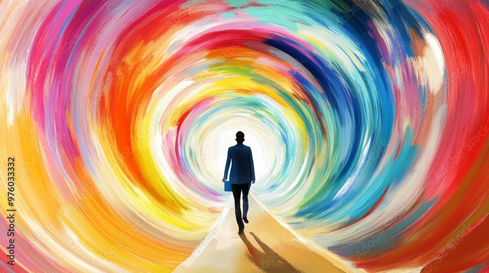 custom made wallpaper toronto digitalPerson walking through a colorful tunnel of swirling ideas, heading toward a bright future, innovation path, business journey