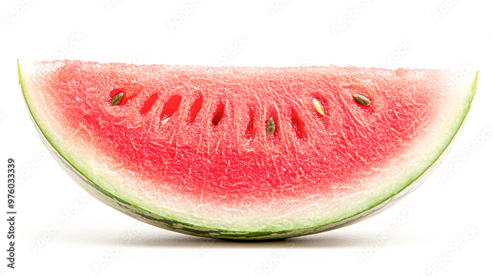 A slice of watermelon is shown on a white background A slice of watermelon is shown on a white background