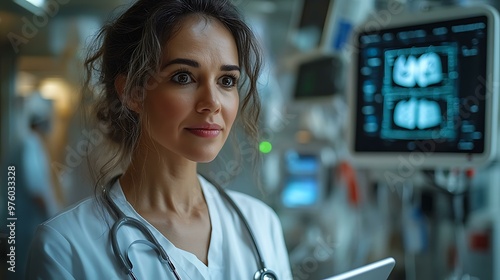 A close-up of a nurse speaking to a patient through a telemedicine app on a tablet, with medical equipment in the background