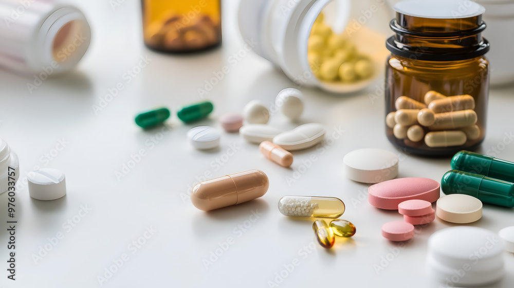 Medical pills on white background on the table in composition Medical pills on white background on the table in composition