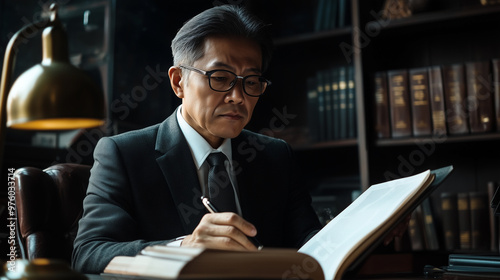 Seasoned Asian Lawyer Reviewing Historical Case Files