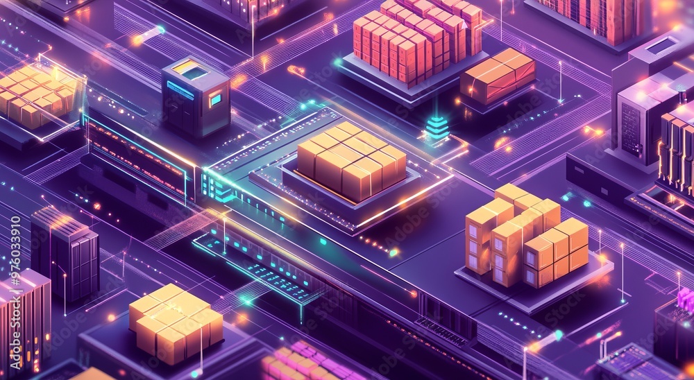 Digital illustration of an advanced technology hub with smart packaging and microchips Digital illustration of an advanced technology hub with smart packaging and microchips