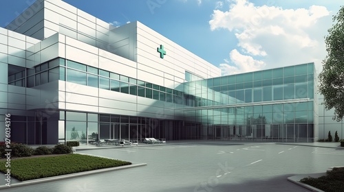 Modern hospital building with a green cross on the facade and a large glass entrance.