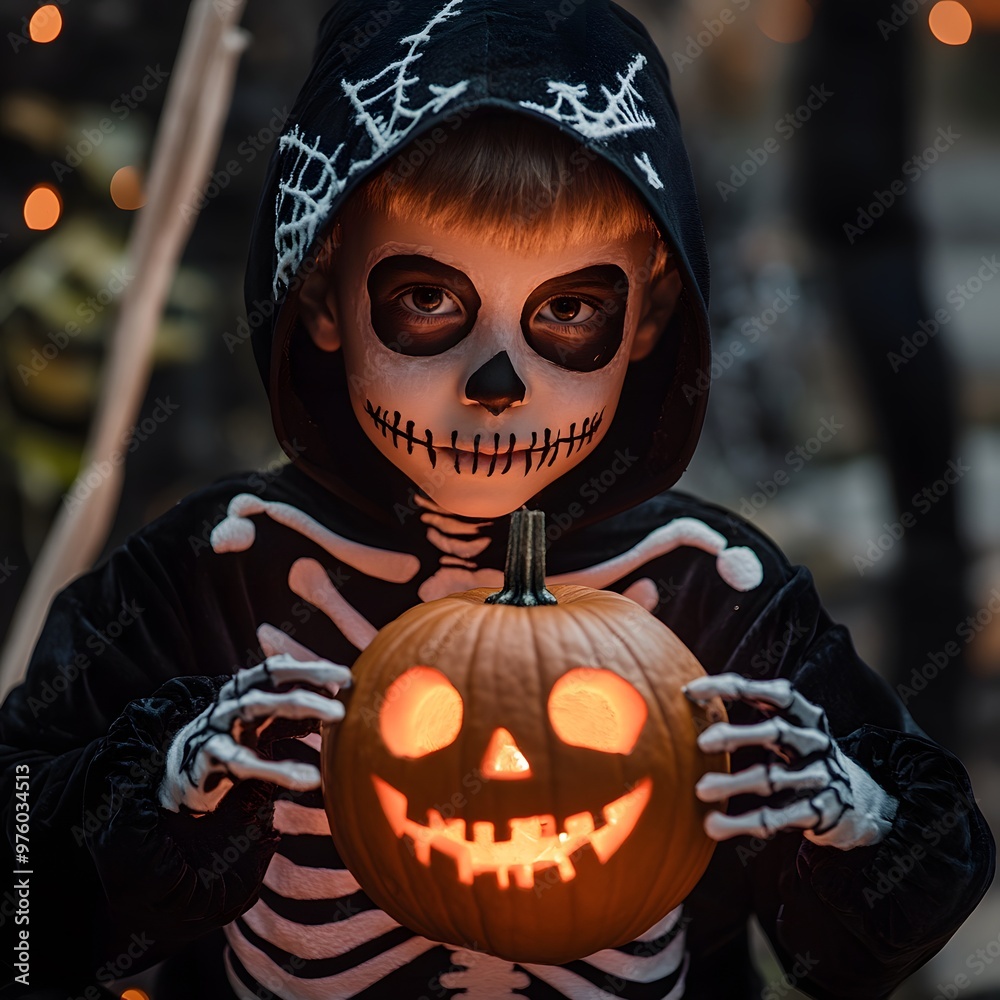 A child in a skeleton costume holding glowing pumpkin A child in a skeleton costume holding glowing pumpkin