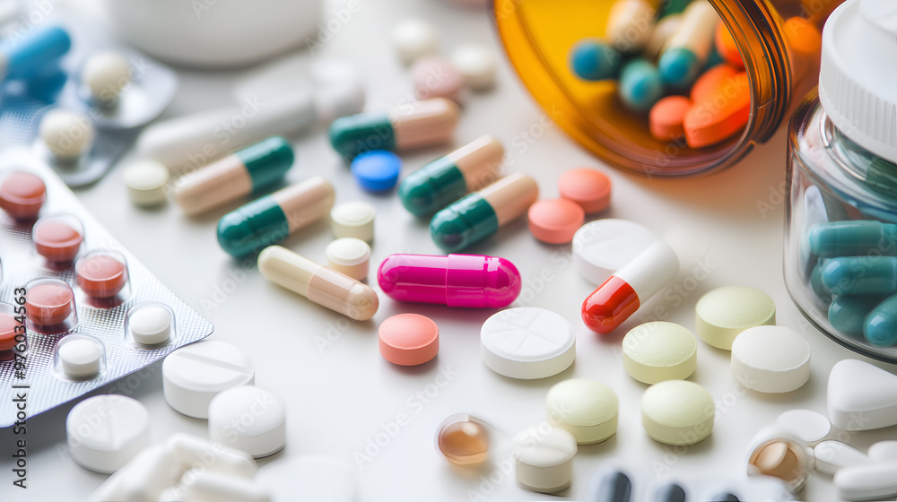 Medical pills on white background on the table in composition Medical pills on white background on the table in composition