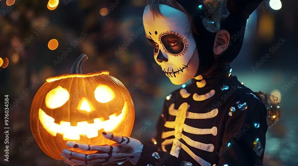 A child in a skeleton costume holding glowing pumpkin A child in a skeleton costume holding glowing pumpkin
