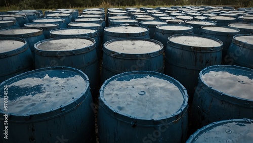 Blue barrels drenched in rainwater, glistening under a cloudy sky.