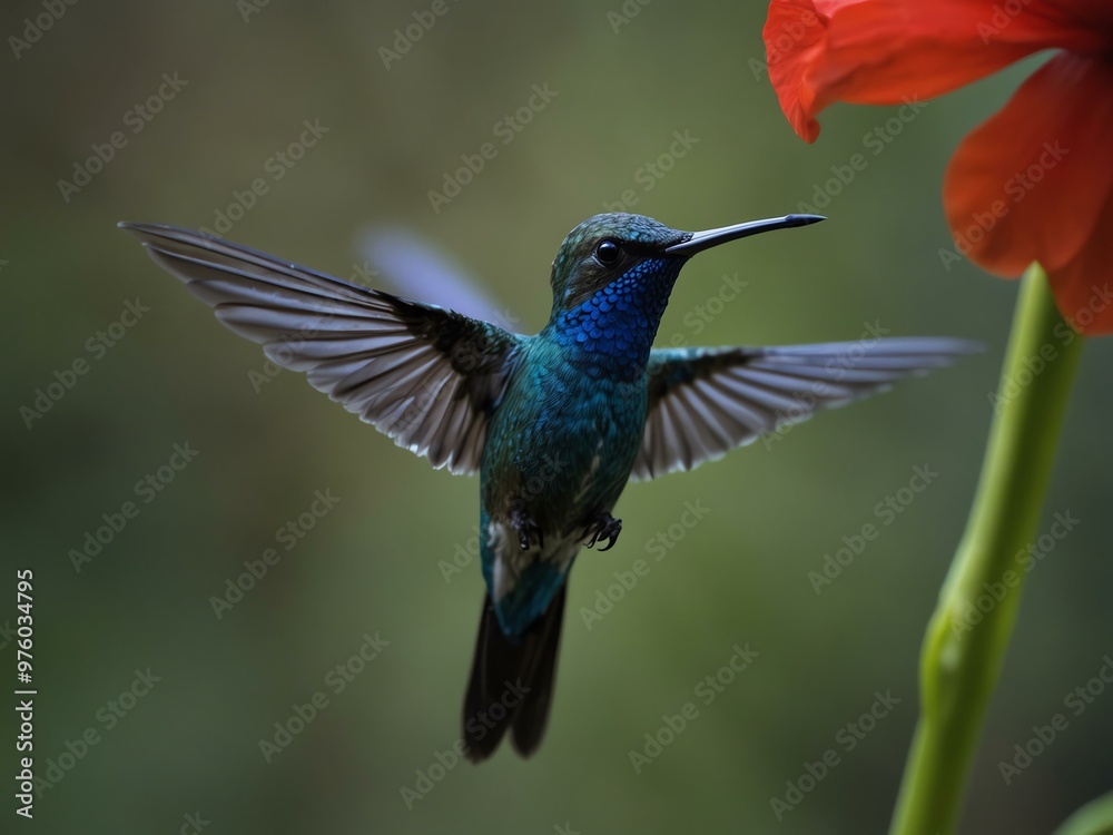 Blue hummingbird near a red flower in Costa Rica.