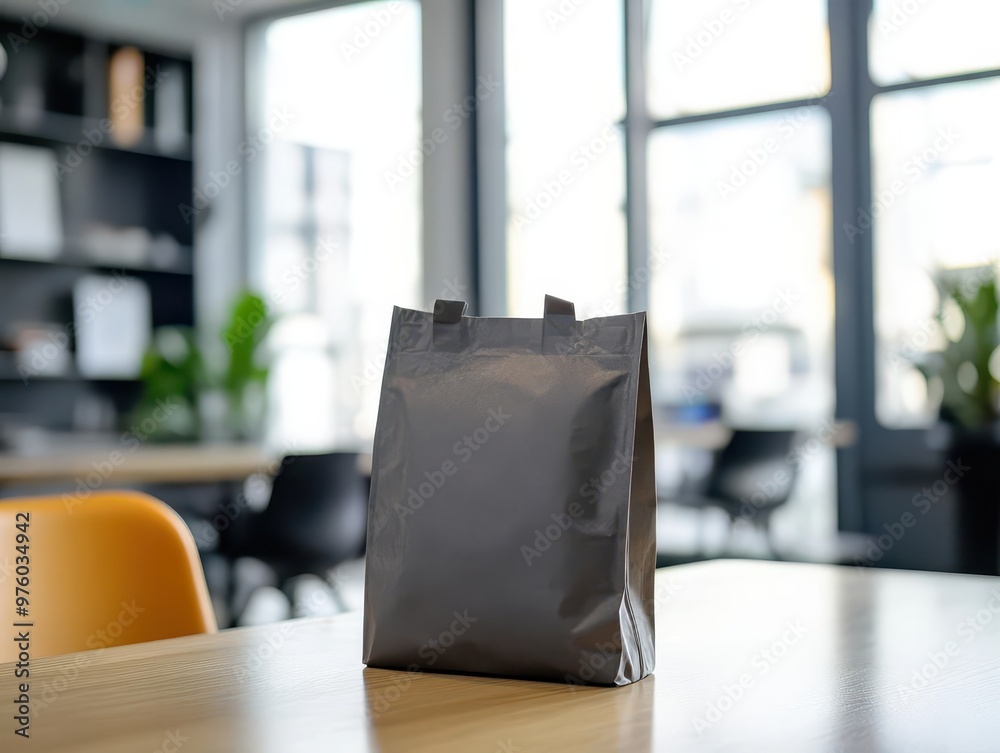 Unmarked food bag on a standing desk in a coworking space Unmarked food bag on a standing desk in a coworking space