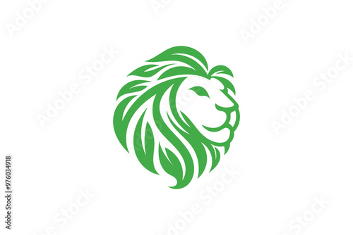 A minimalistic lion head logo made from green leaves, symbolizing strength and nature. The design is clean, modern, and eco-friendly, set against a dark background.