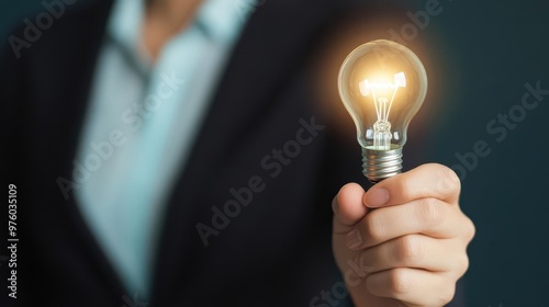 A creative professional drawing a lightbulb on a glassboard symbolizing ideas photo