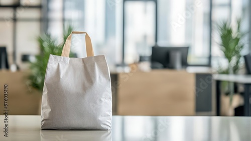 A delivery person leaves an unbranded food bag at the front desk of an office photo