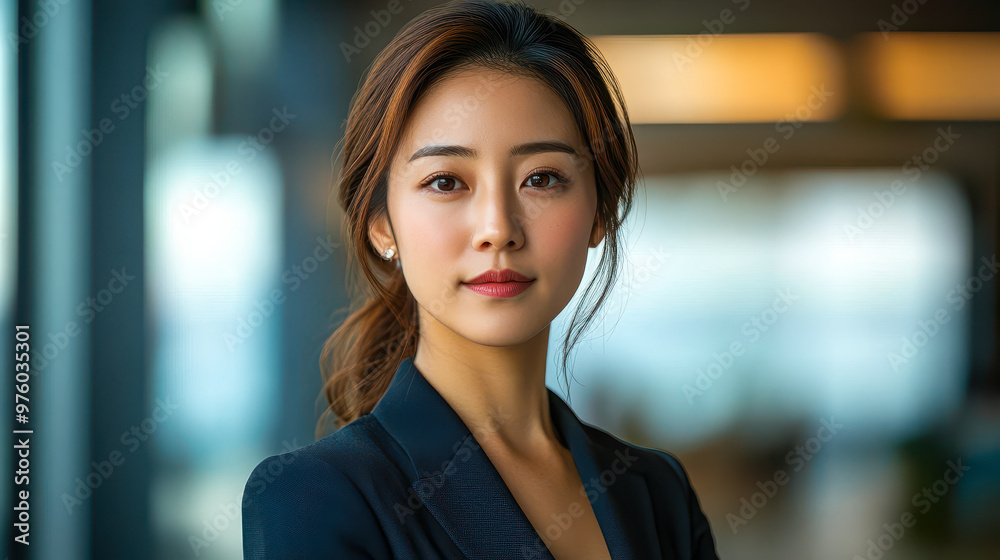 Naklejka premium Professional Asian Businesswoman in Modern Office Setting Confident and Focused, Business Attire, Corporate Environment, Executive, Leadership Concept, Empowerment in the Workplace