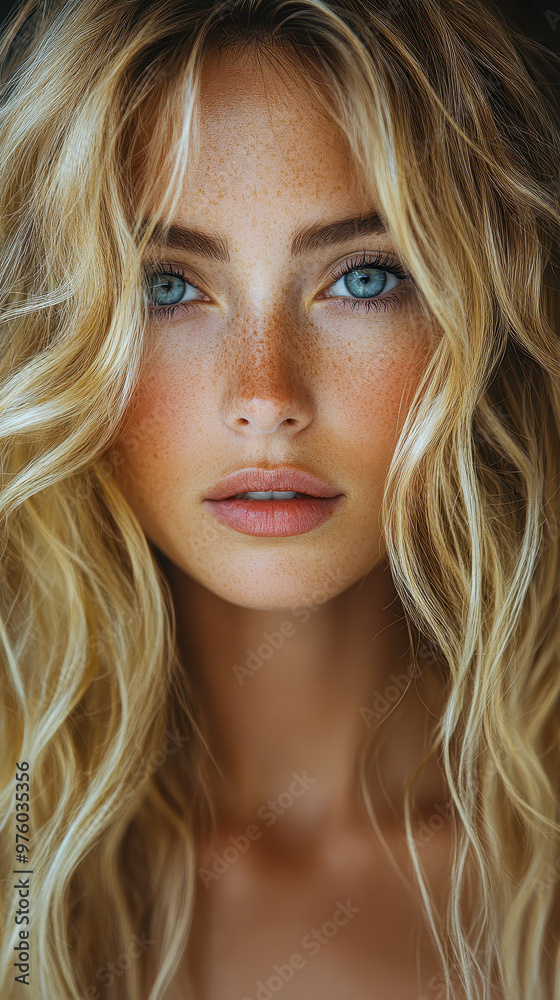 Naklejka premium Stunning Close-Up Portrait of Blonde Woman With Freckles and Blue Eyes in Natural Light for Fashion and Beauty Concepts