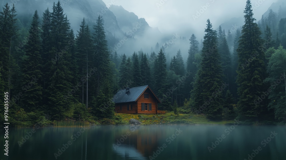 A cabin in the dense forest overlooking an alpine lake, foggy and rainy weather A cabin in the dense forest overlooking an alpine lake, foggy and rainy weather
