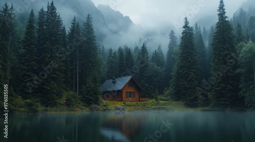 A cabin in the dense forest overlooking an alpine lake, foggy and rainy weather