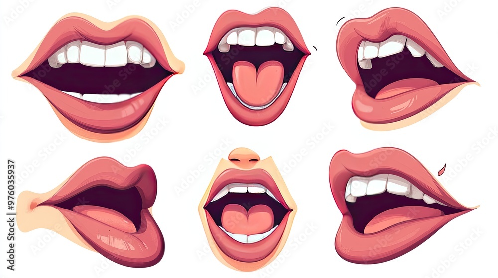 Set of six cartoon female mouths in different expressions, including smiling, laughing, open, closed, and sticking out the tongue. Set of six cartoon female mouths in different expressions, including smiling, laughing, open, closed, and sticking out the tongue.