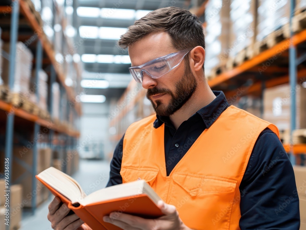 An engineer reading a book while having lunch in a quiet corner of a warehouse