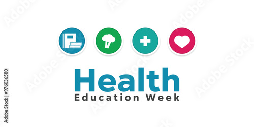 National Health Education Week. books, broccoli, plus icon and heart. Great for cards, banners, posters, social media and more. White background.
